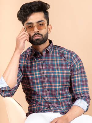 Blue printed cotton mens-casual-shirts 5