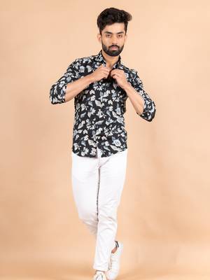 Black printed cotton mens-casual-shirts 2