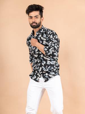 Black printed cotton mens-casual-shirts 3