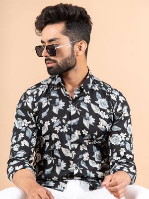 Black printed cotton mens-casual-shirts 5