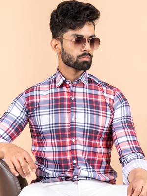 Blue printed cotton mens-casual-shirts 5