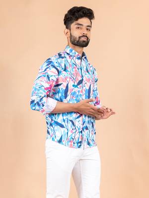 Blue printed cotton mens-casual-shirts 1