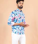Blue printed cotton mens-casual-shirts