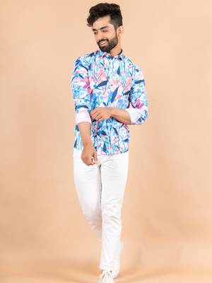 Blue printed cotton mens-casual-shirts 2