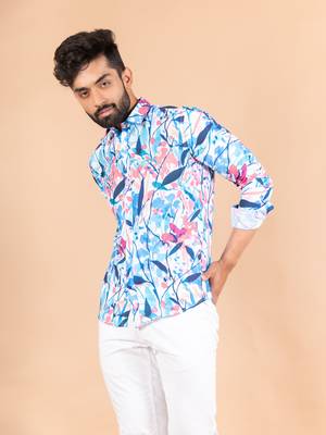 Blue printed cotton mens-casual-shirts 3
