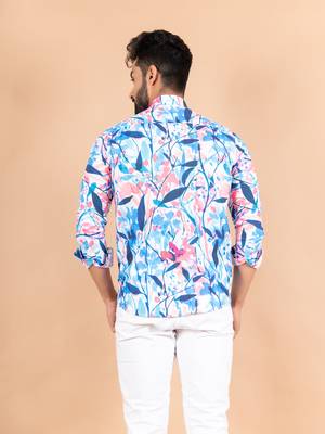 Blue printed cotton mens-casual-shirts 4