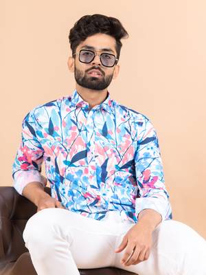 Blue printed cotton mens-casual-shirts 5
