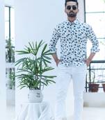 White printed cotton mens-casual-shirts