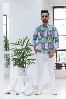Pink printed cotton mens-casual-shirts 1