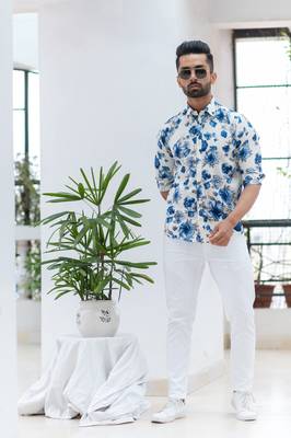 Blue printed cotton mens-casual-shirts 1