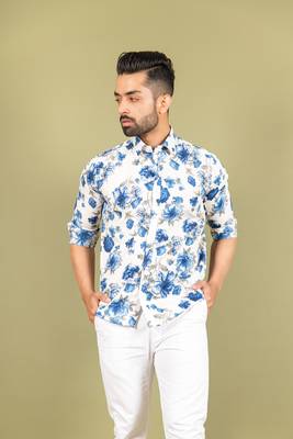 Blue printed cotton mens-casual-shirts 2