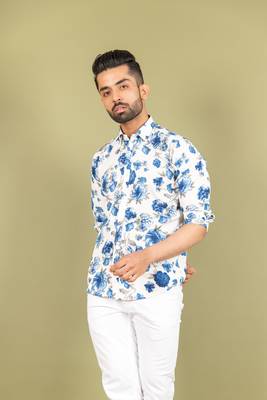 Blue printed cotton mens-casual-shirts 3