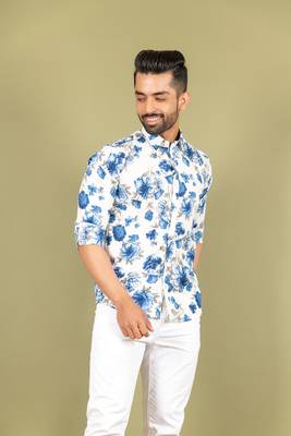 Blue printed cotton mens-casual-shirts 4