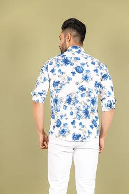 Blue printed cotton mens-casual-shirts 5
