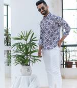 White printed cotton mens-casual-shirts