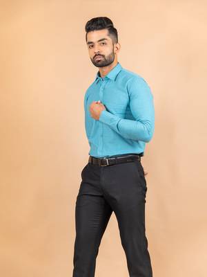 Blue printed cotton mens-casual-shirts 4