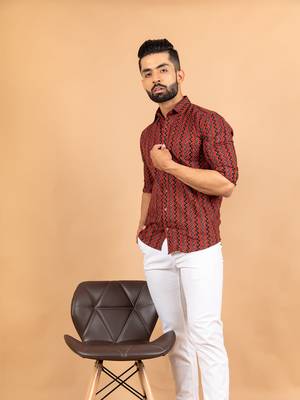 Red printed cotton mens-casual-shirts 4
