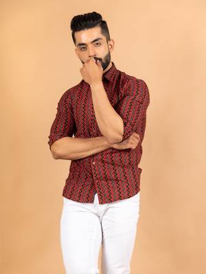 Red printed cotton mens-casual-shirts 5