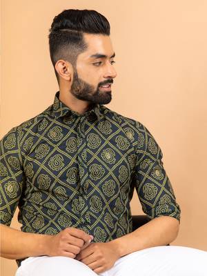Green printed cotton mens-casual-shirts 1