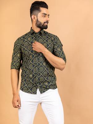 Green printed cotton mens-casual-shirts 2