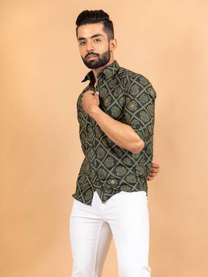 Green printed cotton mens-casual-shirts 3