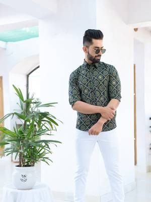 Green printed cotton mens-casual-shirts 5