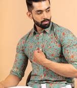 Green printed cotton mens-casual-shirts