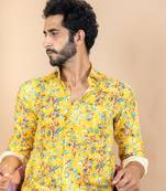 Yellow printed cotton mens-casual-shirts
