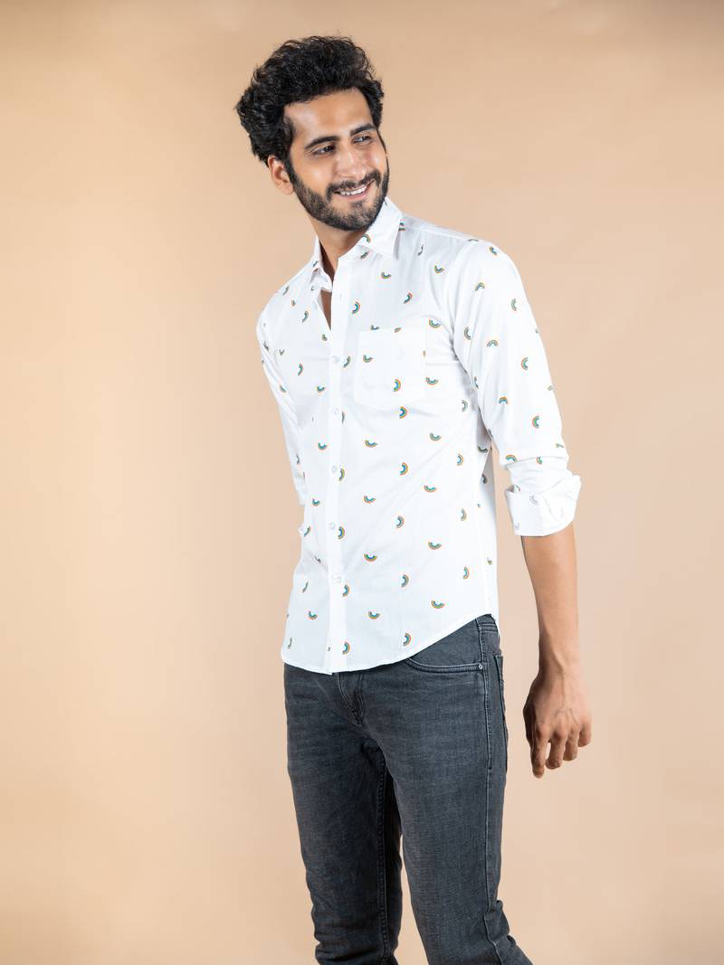 White printed cotton mens-casual-shirts