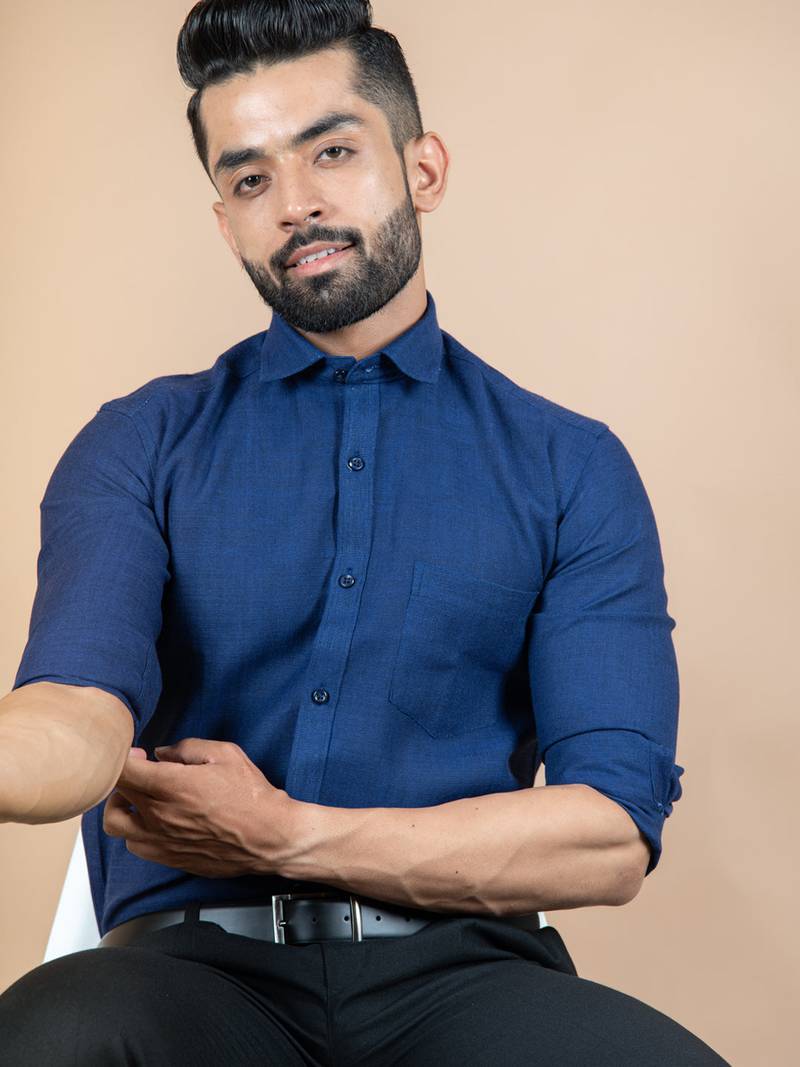 Blue plain cotton mens-casual-shirts