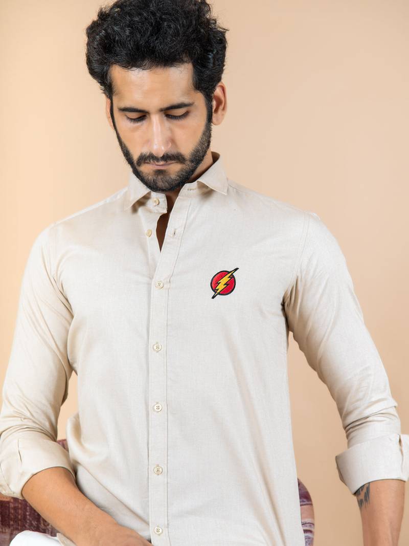Beige embroidered cotton mens-casual-shirts