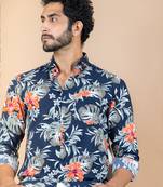 Blue printed cotton mens-casual-shirts