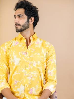 Yellow printed cotton mens-casual-shirts 2