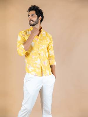 Yellow printed cotton mens-casual-shirts 3