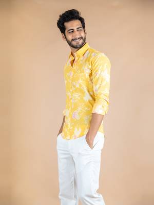Yellow printed cotton mens-casual-shirts 4