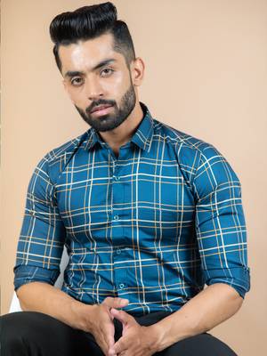 Blue printed cotton mens-casual-shirts 1