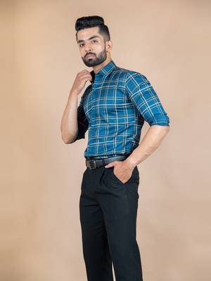 Blue printed cotton mens-casual-shirts 2