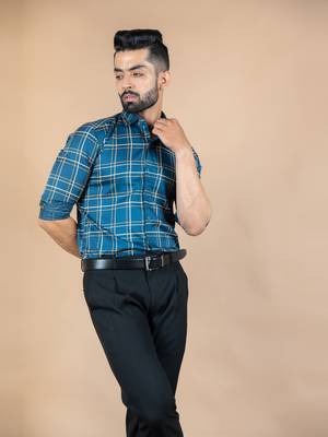 Blue printed cotton mens-casual-shirts 3