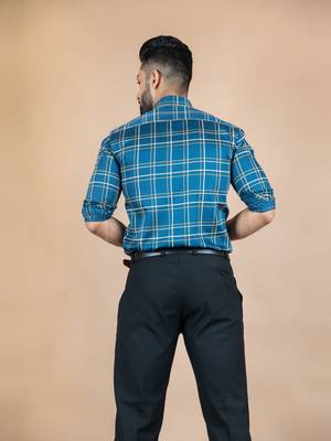 Blue printed cotton mens-casual-shirts 4