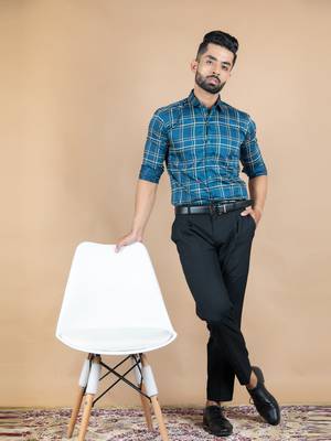 Blue printed cotton mens-casual-shirts 5