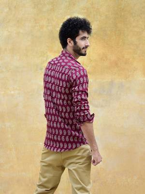 Burgundy printed cotton mens-casual-shirts 3