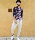 Blue printed cotton mens-casual-shirts