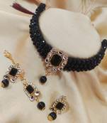 Designer Latest Black Crystal Kundan Pearl Choker 4 pc Jewellery Set
