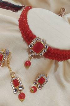 Designer Latest Red Crystal Kundan Pearl Choker 4 pc Jewellery Set