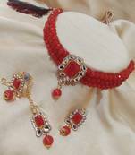 Designer Latest Red Crystal Kundan Pearl Choker 4 pc Jewellery Set