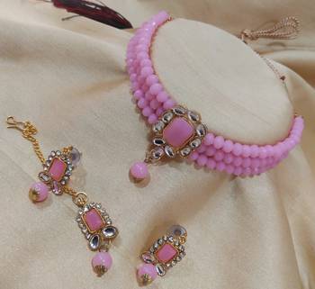 Designer Latest Pink Crystal Kundan Pearl Choker 4 pc Jewellery Set 1