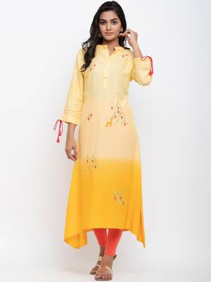Yellow embroidered cotton ethnic-kurtis 1