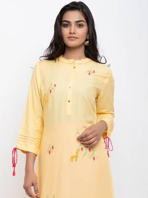 Yellow embroidered cotton ethnic-kurtis 2