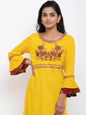 Yellow embroidered cotton ethnic-kurtis 2