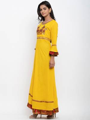Yellow embroidered cotton ethnic-kurtis 3